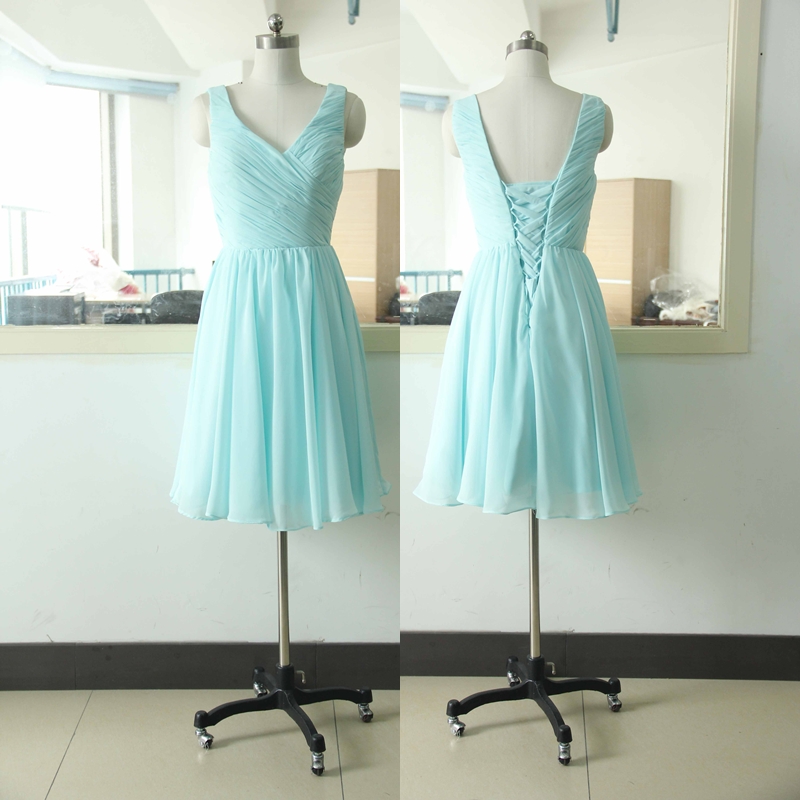 Stock V-neck Tiffany Blue Bridesmaid Dress Short Bridesmaid Gown ...